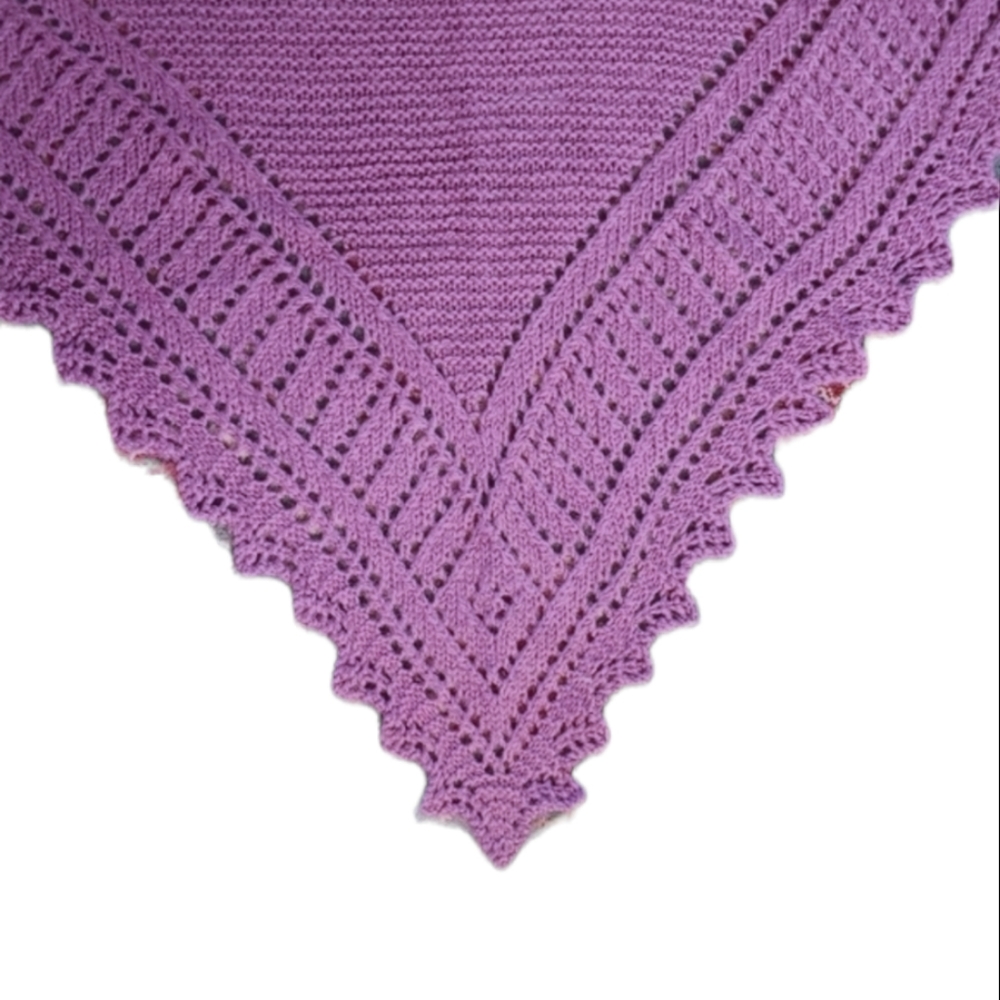 HANDMADE Shawl Washable Wool Wrap Triangle Shape Openwork Knit Ribs and Picots - Picture 3 of 6